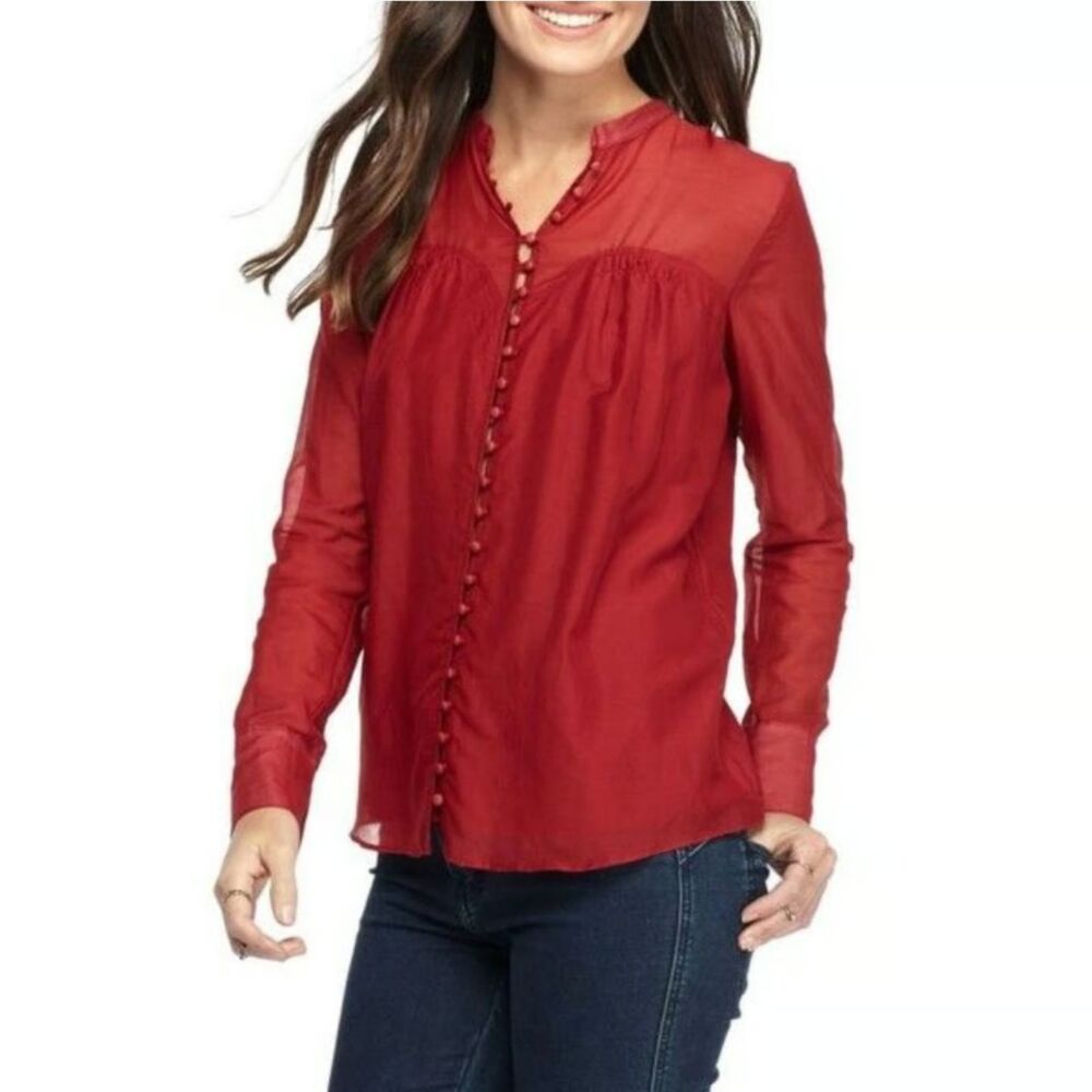 FREE PEOPLE Burgundy Maroon Button up Flowy Silk Blouse